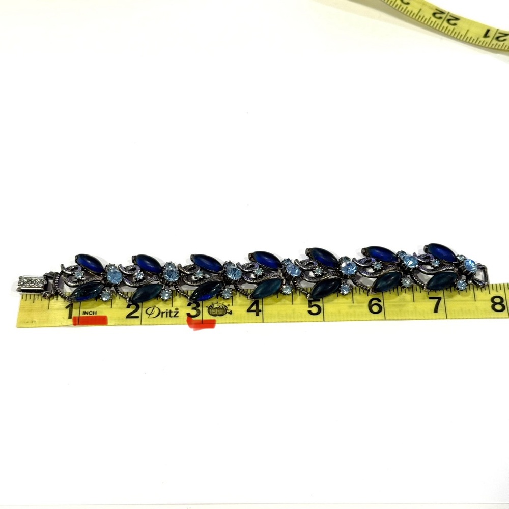 Vintage Florenza Blue Rhinestone Navette Marquise Bracelet Silver Tone Statement - Picture 11 of 16